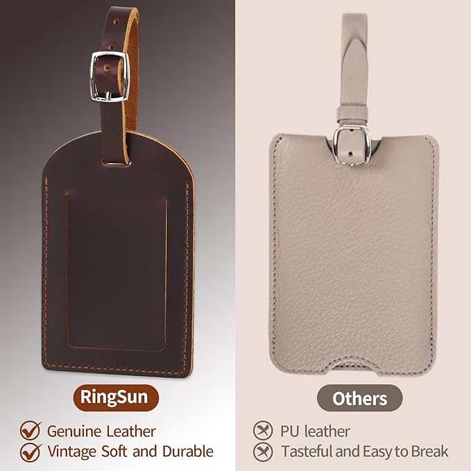 Ringsun Genuine Leather Luggage Tag for Suitcases ID Tags Bag Tags for Luggage (2 Pack)