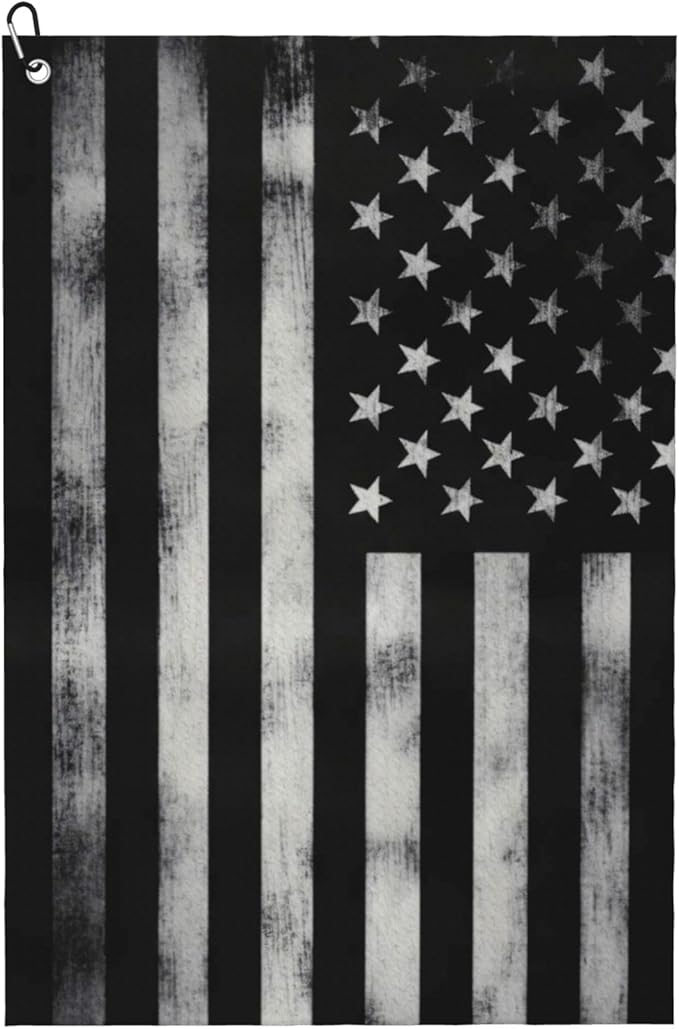 Black American Flag Golf Towel with Carabiner Clip 24"x16" Microfiber Waffle Patriotic USA Golf Towels for Golf Bags Funny Golf Rag for Disc Balls Clubs Accessories for Men Women Husband Dad