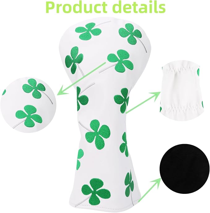 Golf Club Head Covers, 1pc Driver Headcover Fairway Wood Head Cover Hybrid Headcover or 3pcs Golf Headcovers Set 1 F H, Lucky Clover Golf Club Covers for 3 Wood, Drivers, Hybrids