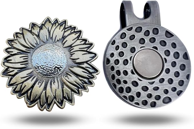 Full Metal Markers Sunflower Unique Magnetic Metal Golf Ball Marker Accessory with Hat Clip for Men and Women