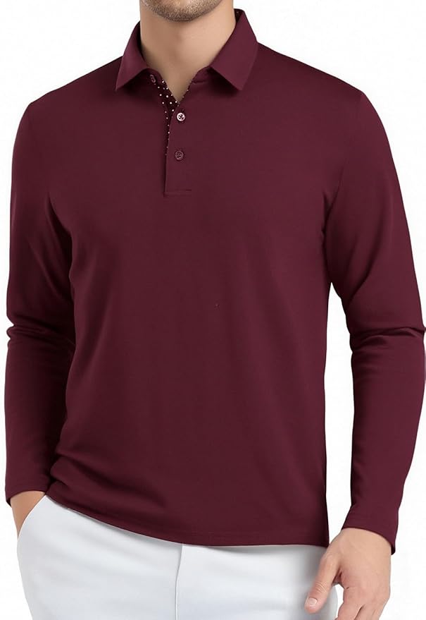 Alex Vando Mens Golf Shirt Moisture Wicking Quick-Dry Solid Long Sleeve Polo Shirts for Men