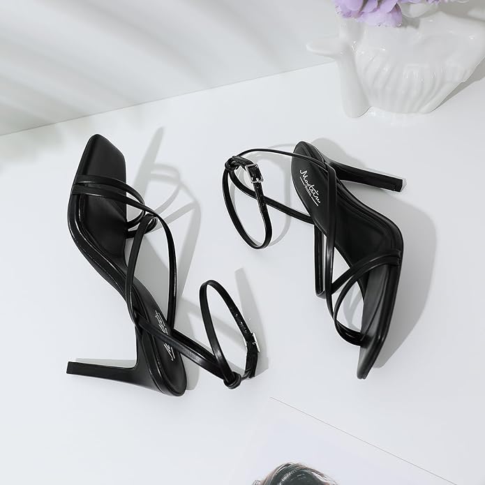 Mostrin Strappy Heels for Women Square Open Toe Lace Up Heeled Sandals Ankle Strap Sexy Stiletto High Heels for Party, Prom, Dating, Wedding