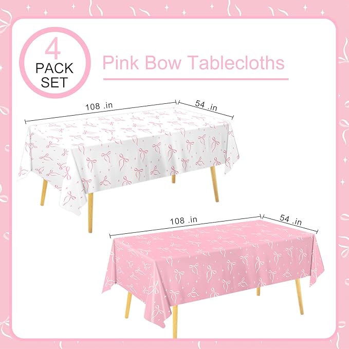 4 Pack Pink Bow Tablecloth, Coquette Birthday Decorations, Bow Disposable Table Cover for Wedding Engagement Bridal Birthday Decorations, 54 x 108 Inch