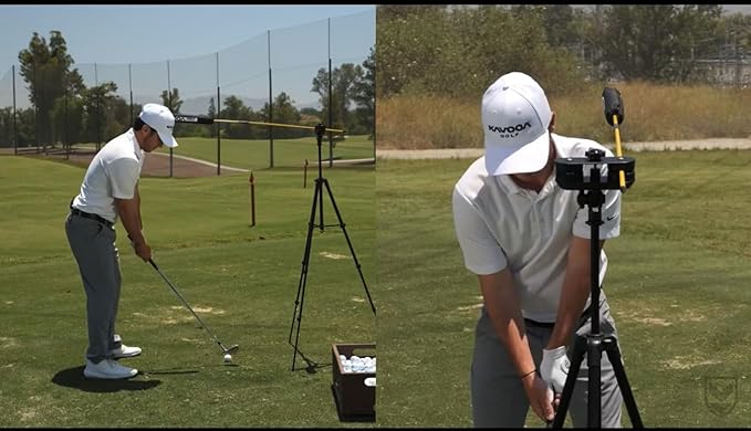 Golf Swing Trainer with Adjustable Tripod – Swing Speed Trainer, 360° Alignment Training Aid with Phone Holder for Practice & Distance