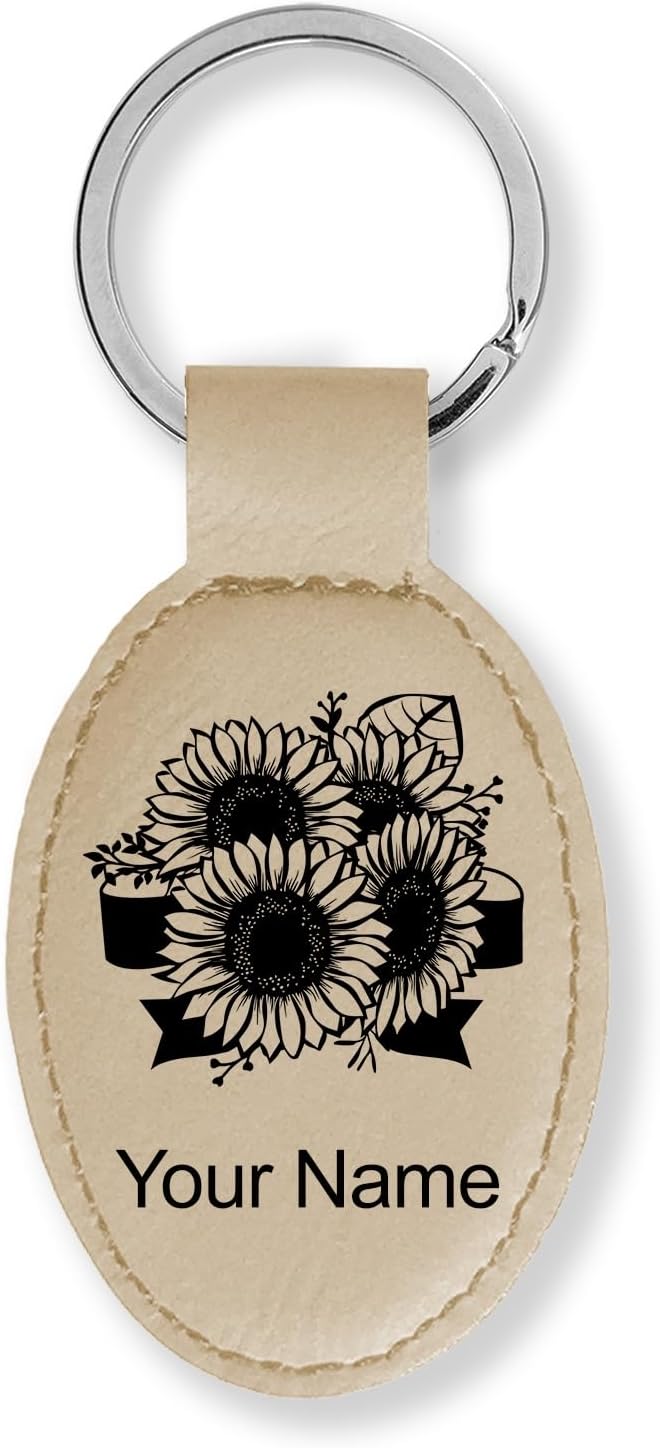 LaserGram Oval Keychain, Sunflowers, Personalized Engraving Included