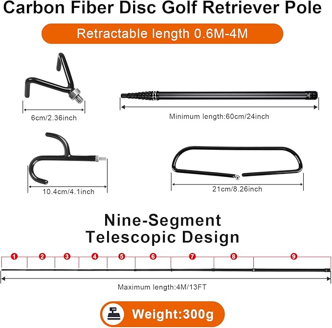 Carbon Fiber Disc Golf Retriever Pole Telescoping Disc Golf Retriever Telescopic Disc Golf Tool with Hook Retrieving Device for Outdoor Sports 13FT