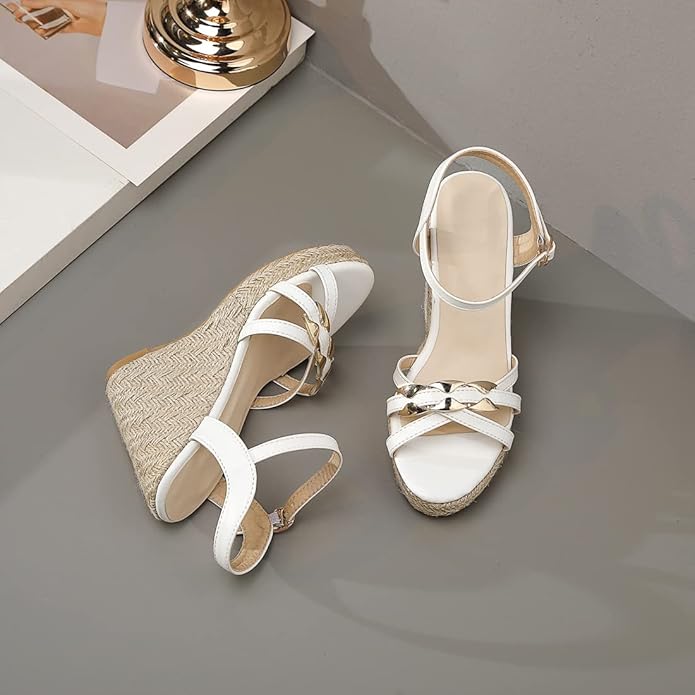 VOKLIN Women's Casual Espadrilles Wedge Sandals Open Toe Ankle Strap Metallic Chunky Platform Dressy Sandal