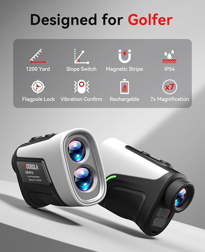 Range Finder Golf, 1200 Yards Rangefinder with Slope, Magnetic Stripe, 7X Magnification, IP54 Water Resistant, Rechargeable Battery, Flag Pole Locking Vibration, Golf Accessories for Men Women