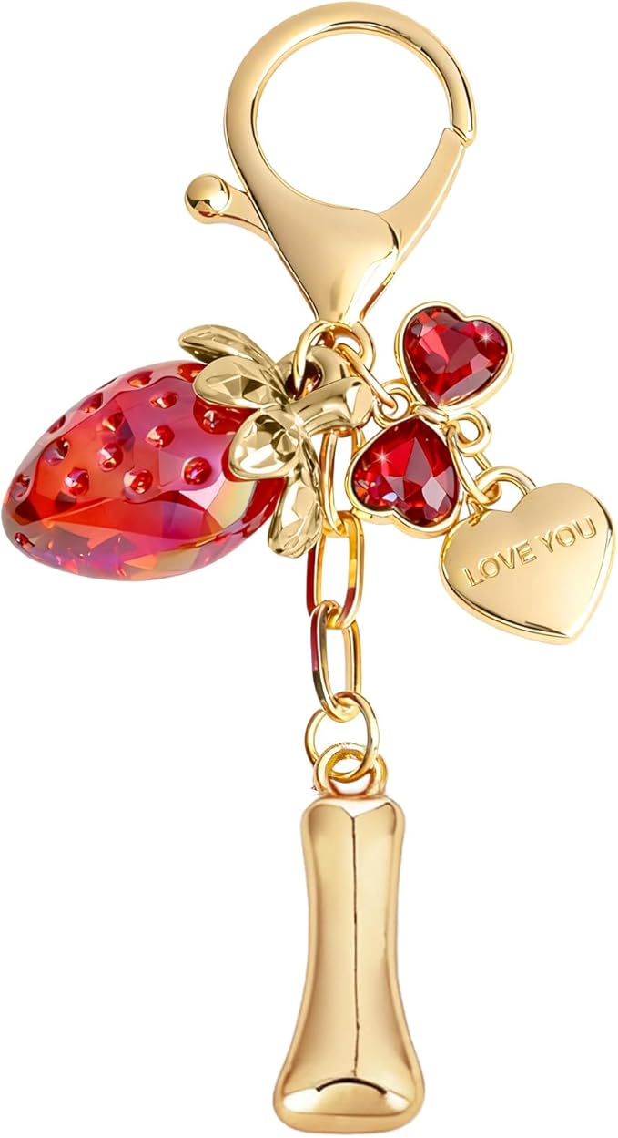 Snycler Bubble Initial Keychain with Strawberry & Bow- Gold Letter Bag Charms for Women, Cute Purse Handbag Accessories