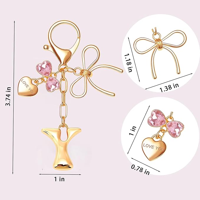 Gold Bubble Initial Keychain with Bow Decoration Bag Charms for Women, Cute Purse Handbag Accessories Gift