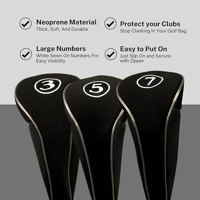 Black Golf Zipper Head Covers 3 5 7 Fairway Woods Headcovers Metal Neoprene Traditional Plain Protective Covers Fits All Fairway Clubs