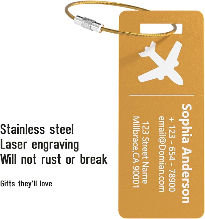 4 Pack Personalized Luggage Tags, Custom Engraved Aluminum Luggage Tags with Your Personalized Text, Waterproof Metal Name Tags with Steel Loop for Bags, Suitcase, Baggage, Backpack (Golden, Small)