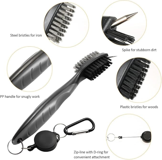 Golf Towels, Golf Towel and Brush Set, with Microfiber Waffle Design Golf Towel 16" X 24" with Hook and Loop Fastenerl and Retractable Zip-line Golf Club Brush (Grey)