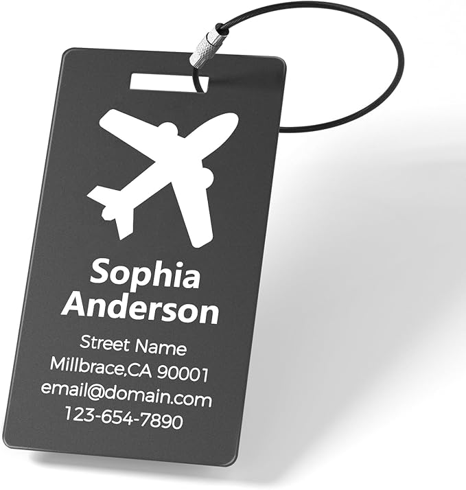 Personalized Metal Luggage Tags, Custom Suitcase Aluminum Name Tags with 5.9in Steel Ring, Laser Engraved Text and Logo, for Travel Gift, Baggage, Golf Bag (Black)