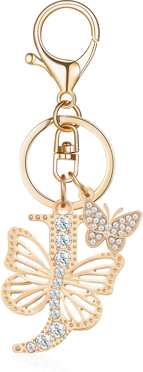 Gold Plated Alphabet Initial Letter Keyring Keychain for Women Girls Crystal Key Chains for Wallet Backpack Bag Charm
