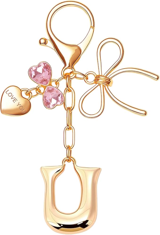 Gold Bubble Initial Keychain with Bow Decoration Bag Charms for Women, Cute Purse Handbag Accessories Gift