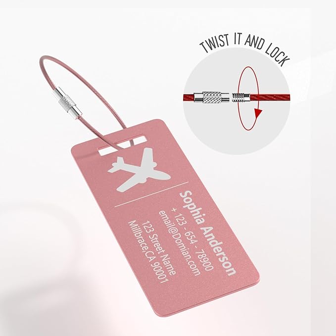 10 Personalized Metal Luggage Tags, Custom Suitcase Aluminum Name Tags with Steel Ring, Laser Engraved Name and Logo, for Travel, Backpack, Baggage, Golf Bag (Pink)