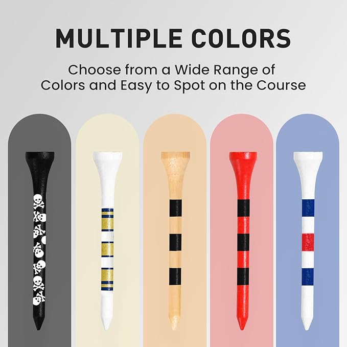 FINGER TEN Golf Tees Wood 3 1/4 2 3/4 Inch Value 50/120 Count, Durable Tees with Bright Colored Stripes for Consistent Height, 70mm 83mm Long Tees Ideal for Golfers