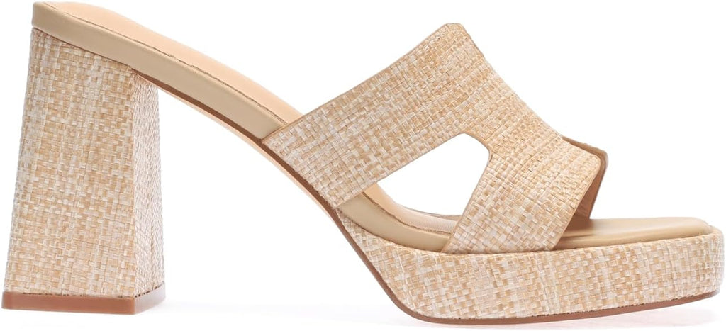 Monrovia Womens Sandals Heels for Women Slide On Block Chunky Platform High Heels Open Toe Raffia Wedge Sandals
