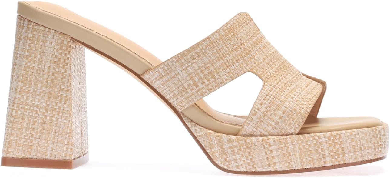 Monrovia Womens Sandals Heels for Women Slide On Block Chunky Platform High Heels Open Toe Raffia Wedge Sandals