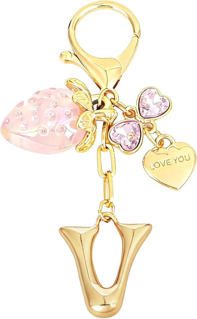 Snycler Bubble Initial Keychain with Strawberry & Bow- Gold Letter Bag Charms for Women, Cute Purse Handbag Accessories