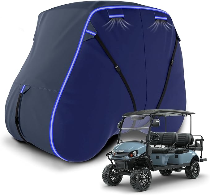 Golf Cart Cover Suitable 6/4+2 Passenger for Yamaha/EZGO Club Cart Heavy Duty 420D Waterproof Windproof Golf Cart Cover All-Weather Protection with Zipper Door Blue/Gray