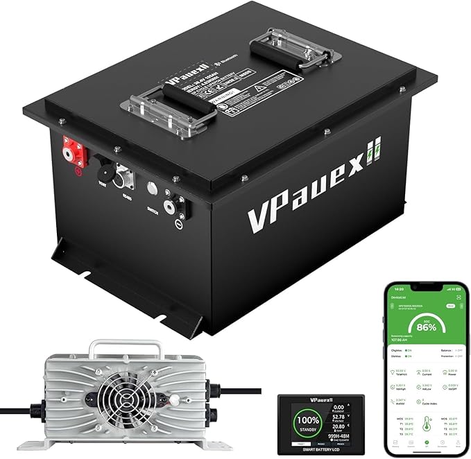 36V Lithium Golf Cart Battery,36V 105Ah Golf Cart Batteries with 25A Charger,Built-in 200A BMS,Metal Casing,Supports Mobile APP,Touch Monitor,6000+ Cycles,Peak Current 600A,Max 7.68kW Output Power
