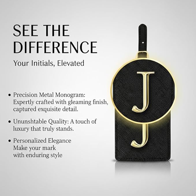 Personalized Initial Letter Luggage Tag for Suitcases PU Leather Baggage ID Tag with Metal Alphabet,Travel Accessory for Backpacks, Bags and Gift for Travelers (Black/Gold-Letter, J)