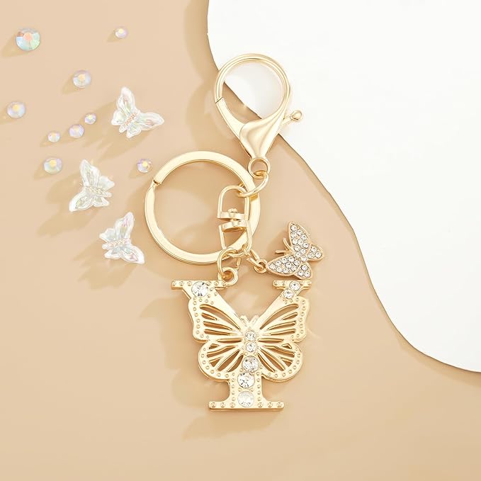 Gold Plated Alphabet Initial Letter Keyring Keychain for Women Girls Crystal Key Chains for Wallet Backpack Bag Charm