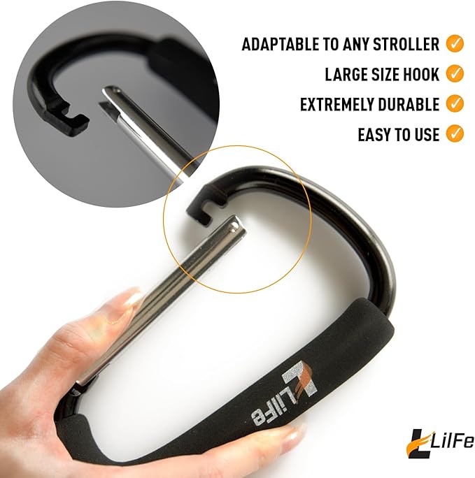LilFe Stroller Hooks, 6.7" Large Stroller Clip, 2 Pack Large Carabiner Stroller Hooks for Hanging Bags and Shopping, Stroller Accessories for Mommy