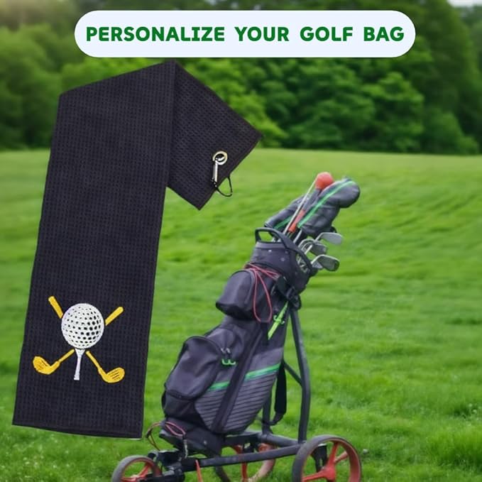 Black 16x24 Inch Waffle Microfiber Golf Towel with Clip, Funny Personalized Design, Tri-Fold for Easy Carry, Includes Waterproof Cleaning Pouch for Golf Balls and Clubs, Ideal Golfing Gifts for Men