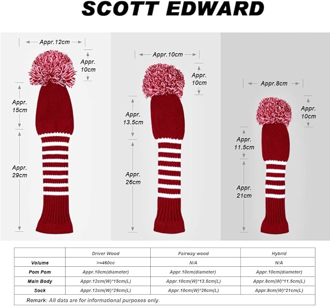 Scott Edward 1/3/4PCS Multi-Style Optional Individualized Knit Golf Club Head Covers, Driver Wood(460cc) Fairway Wood and Hybrid(UT)，for Male/Female Golfers,Custom
