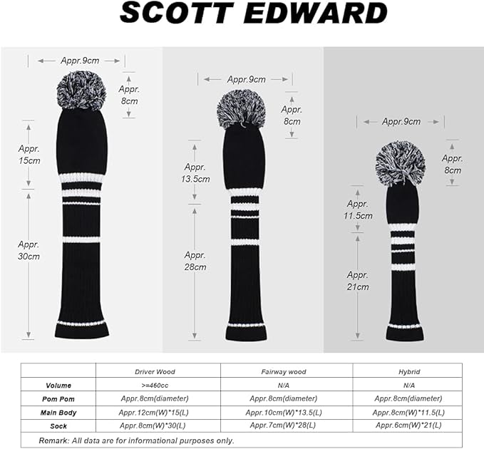 Scott Edward 1/3/4PCS Multi-Style Optional Individualized Knit Golf Club Head Covers, Driver Wood(460cc) Fairway Wood and Hybrid(UT)，for Male/Female Golfers,Custom