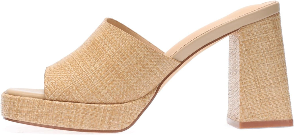 Monrovia Womens Sandals Heels for Women Slide On Block Chunky Platform High Heels Open Toe Raffia Wedge Sandals