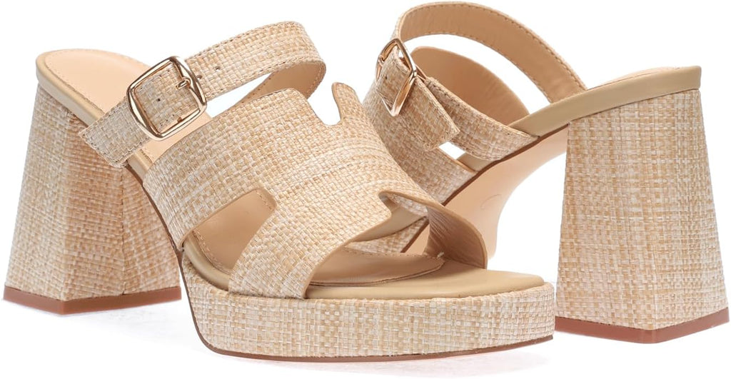 Monrovia Womens Sandals Heels for Women Slide On Block Chunky Platform High Heels Open Toe Raffia Wedge Sandals