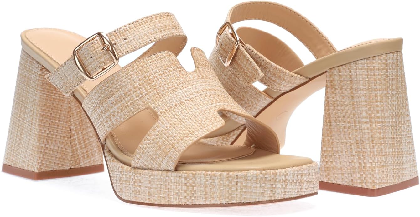 Monrovia Womens Sandals Heels for Women Slide On Block Chunky Platform High Heels Open Toe Raffia Wedge Sandals