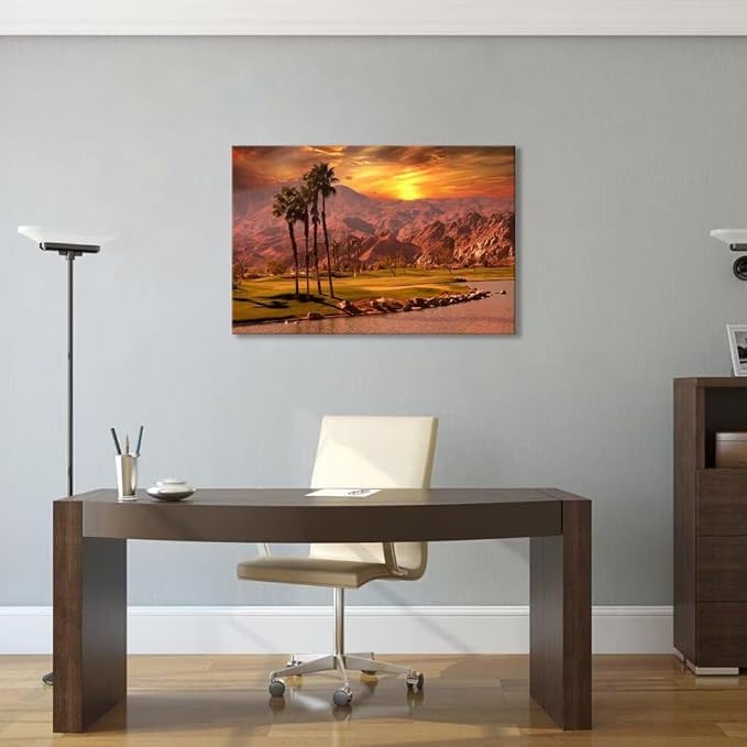 USA California Golf Course Wall Art for Living Room Bedroom Bathroom Home Decorations Golf Course at Sunset Springs Landscap Painting Canvas Prints Modern Artwork Framed Ready to Hang(12''H x 16''W)