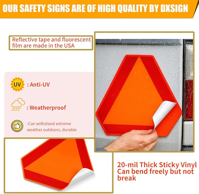 Sticky Slow Moving Vehicle Triangle Sign,Golf Cart Orange Triangle Signs,14"x16"Diamond Grade Reflective for Golf Cart
