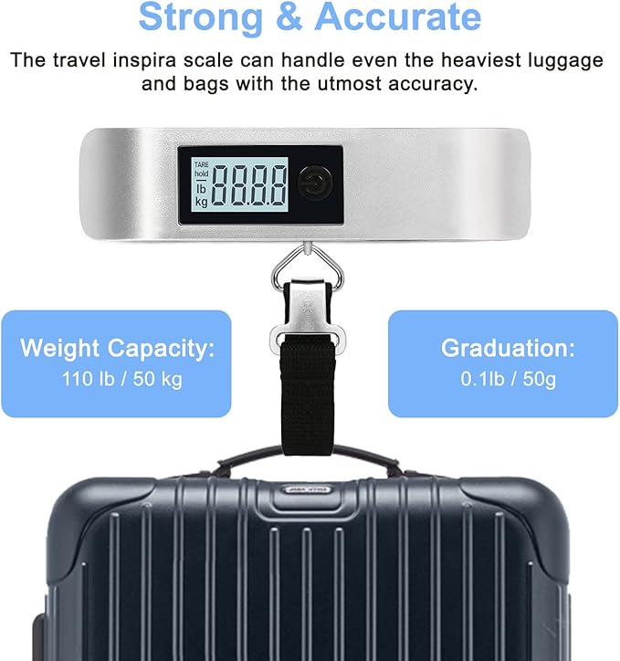 travel inspira Luggage Scale, Portable Digital Hanging Baggage Scale for Travel, Suitcase Weight Scale with Rubber Paint, 110 Pounds, Battery Included