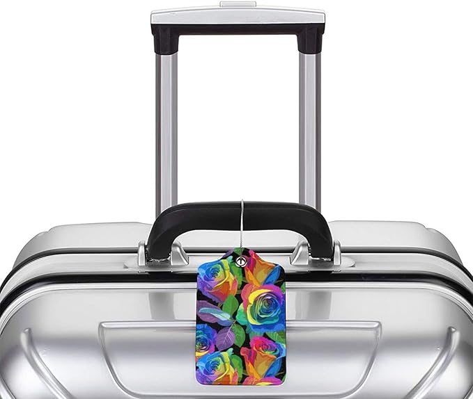Rainbow Rose Flowers Luggage Tag for Women Girls, Sport Suitcase Tag Leather Travel Baggage Identifiers Tags with Full Back Privacy Name ID Card Set of 2