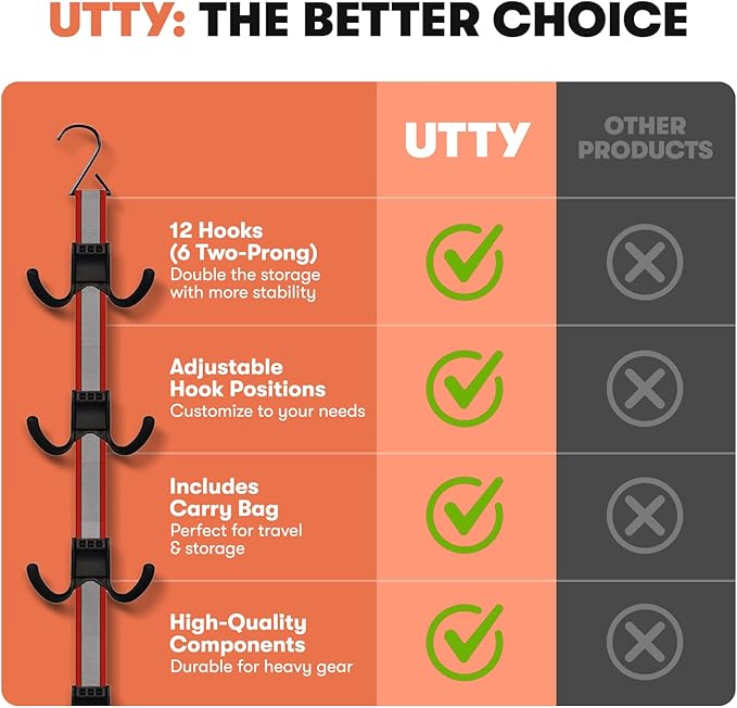UTTY Hanging Multipurpose Portable Hockey Gear Drying Rack - Durable Gear Keeper & Sports Equipment Organizer - 6 Durable Adjustable Hooks, Support Light to Heavy Weight for Home, Travel & Outdoor Use