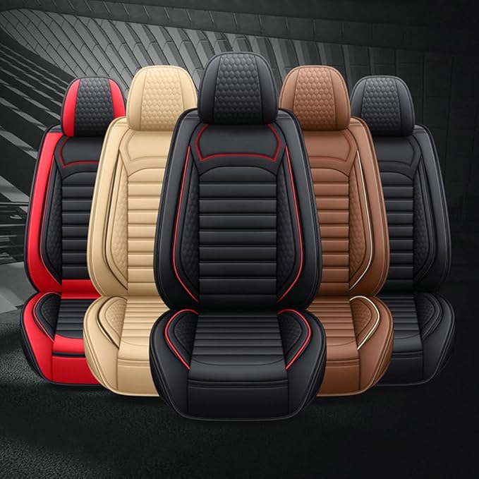 Leather Car Seat Covers for Volkswagen Golf 2001-2021,Car Seat Covers Full Set,Seat Covers with Safety,Waterproof Seat Cover Compatible Airbag(5pcs Black&Red Standard)