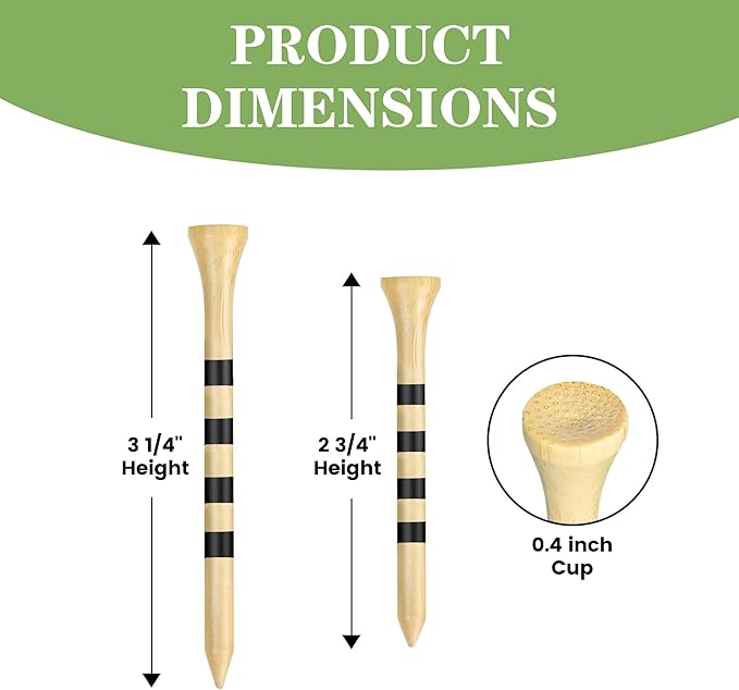 Natrual Wooden Golf Tees 100 Pack (2-3/4" & 3-1/4" Available) Biodegradable Bamboo Golf Tees,More Sturdy and Stable,Natural/White Color