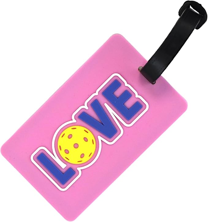 Bag Tag – Golf, Pickleball, Tennis Racquet Shape, Flexible & Waterproof Silicone Luggage Tag, Secure Strap for Bag Identification, Great Tennis Gift for Players & Enthusiasts (Pickleball Love)