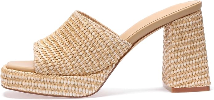 Monrovia Womens Sandals Heels for Women Slide On Block Chunky Platform High Heels Open Toe Raffia Wedge Sandals