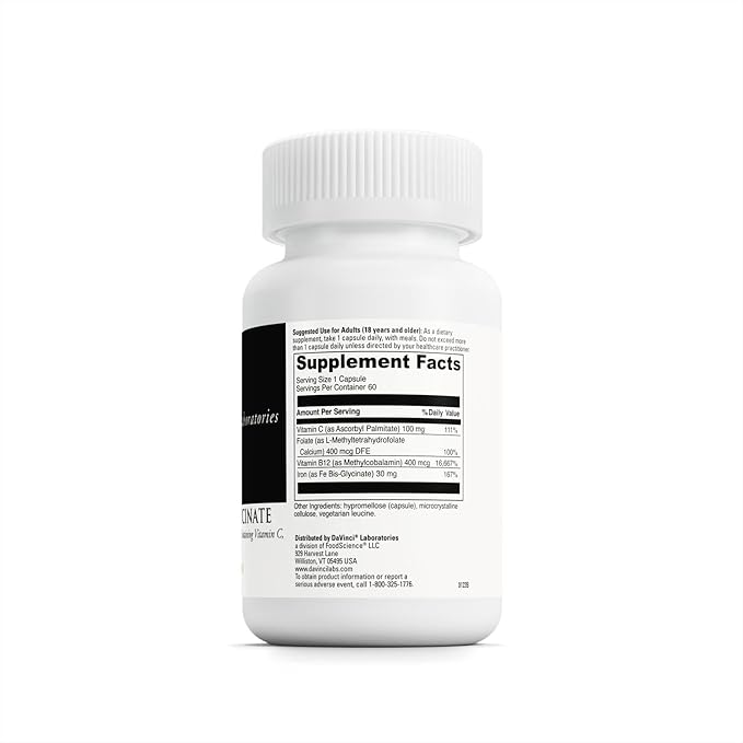 DAVINCI Labs Iron Bis-Glycinate - Gentle Iron Supplement for Women & Men - Help Support Hemoglobin Production & Normal Energy Levels with Vitamin C & More - Vegan - 60 Vegetarian Capsules
