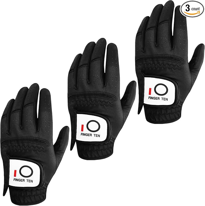 FINGER TEN All Weather Grip Golf Gloves Men Value 3 Pack for Right Handed Golfer, Hot Wet Rain Grip & Comfort Soft Glove for Premium Performance, Colors White Black Blue Sizes S M L XL
