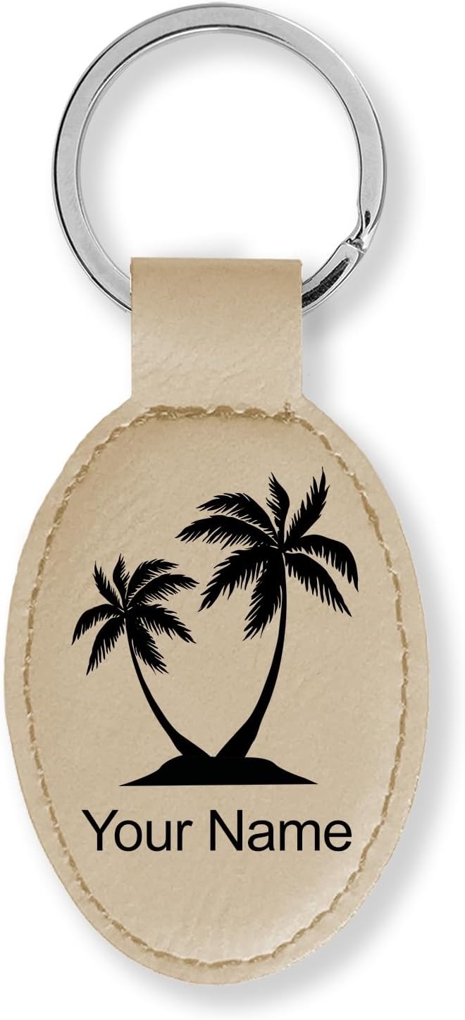 LaserGram Oval Keychain, Palm Trees, Personalized Engraving Included (Beige)