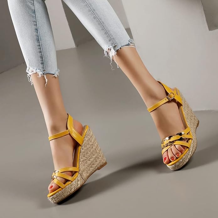 VOKLIN Women's Casual Espadrilles Wedge Sandals Open Toe Ankle Strap Metallic Chunky Platform Dressy Sandal
