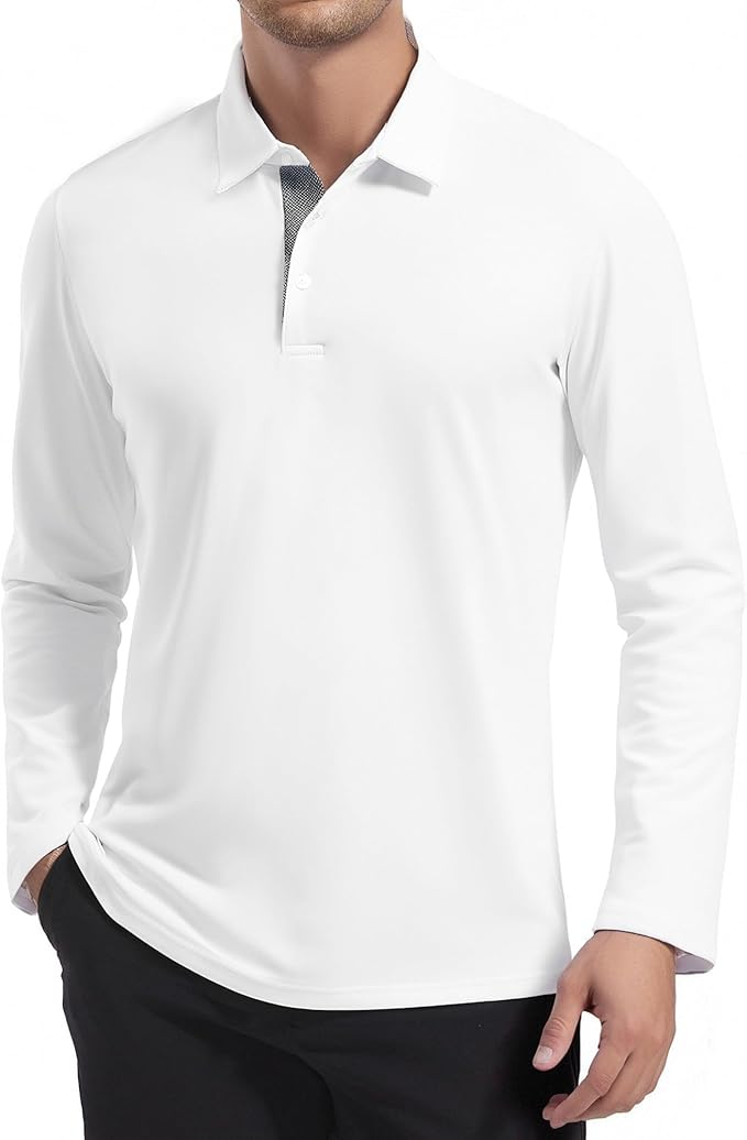 Alex Vando Mens Golf Shirt Moisture Wicking Quick-Dry Solid Long Sleeve Polo Shirts for Men